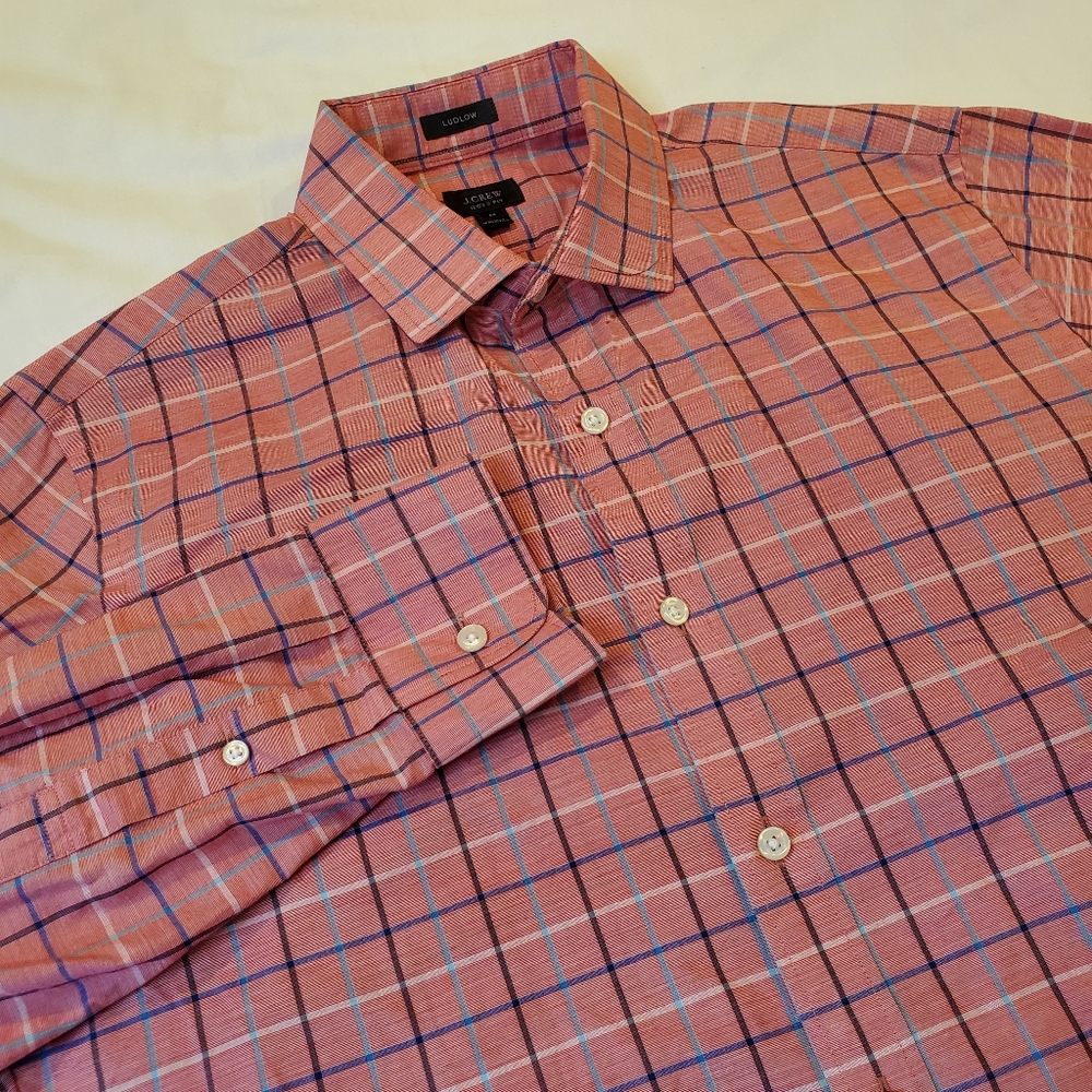 JCrew Ludlow Windowpane Long Sleeve Button Down Shirt Red White Blue Mens Medium